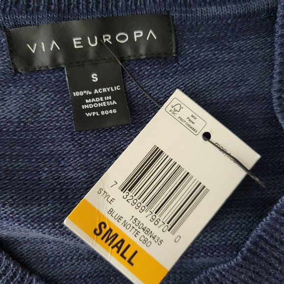 NWT Via Europa Men's Sweater Blue V Neck Long Sleeve Size Small - Picture 9 of 9